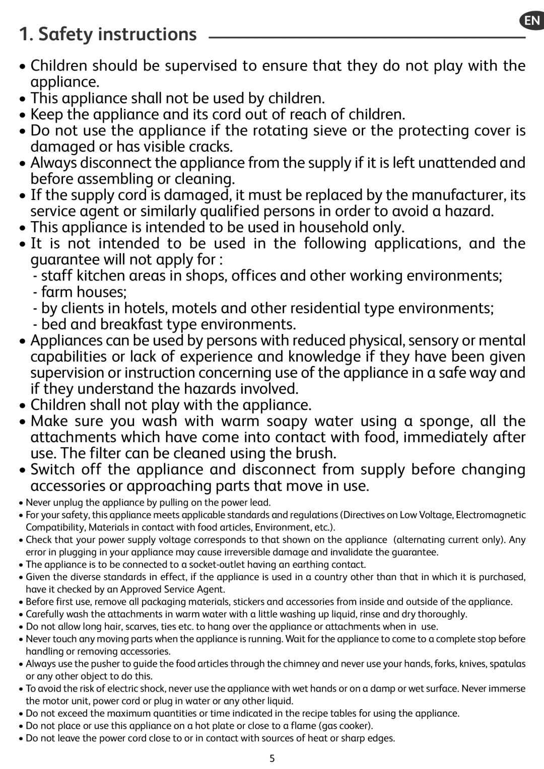 Tefal ZN355H66 manual Safety instructions, Never unplug the appliance by pulling on the power lead 