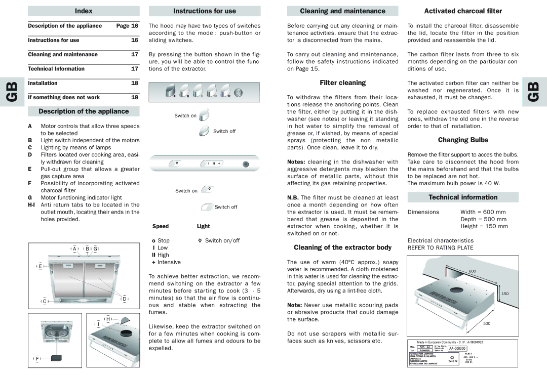 Teka C 610 / C 620 C 610 / C 620 manual Description of the appliance, Filter cleaning, Cleaning of the extractor body 