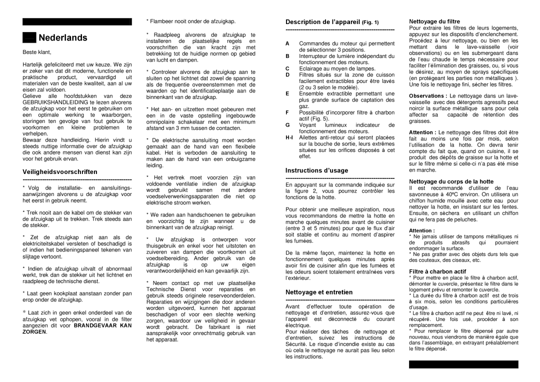 Teka C-920, C-810 Veiligheidsvoorschriften, Description de l’appareil Fig, Instructions d’usage, Nettoyage et entretien 