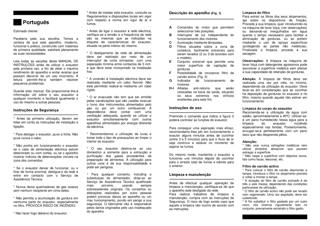 Teka C-920, C-810, C-710 manual Instruções de Segurança, Descrição do aparelho Fig, Instruções de uso, Limpeza e manutenção 