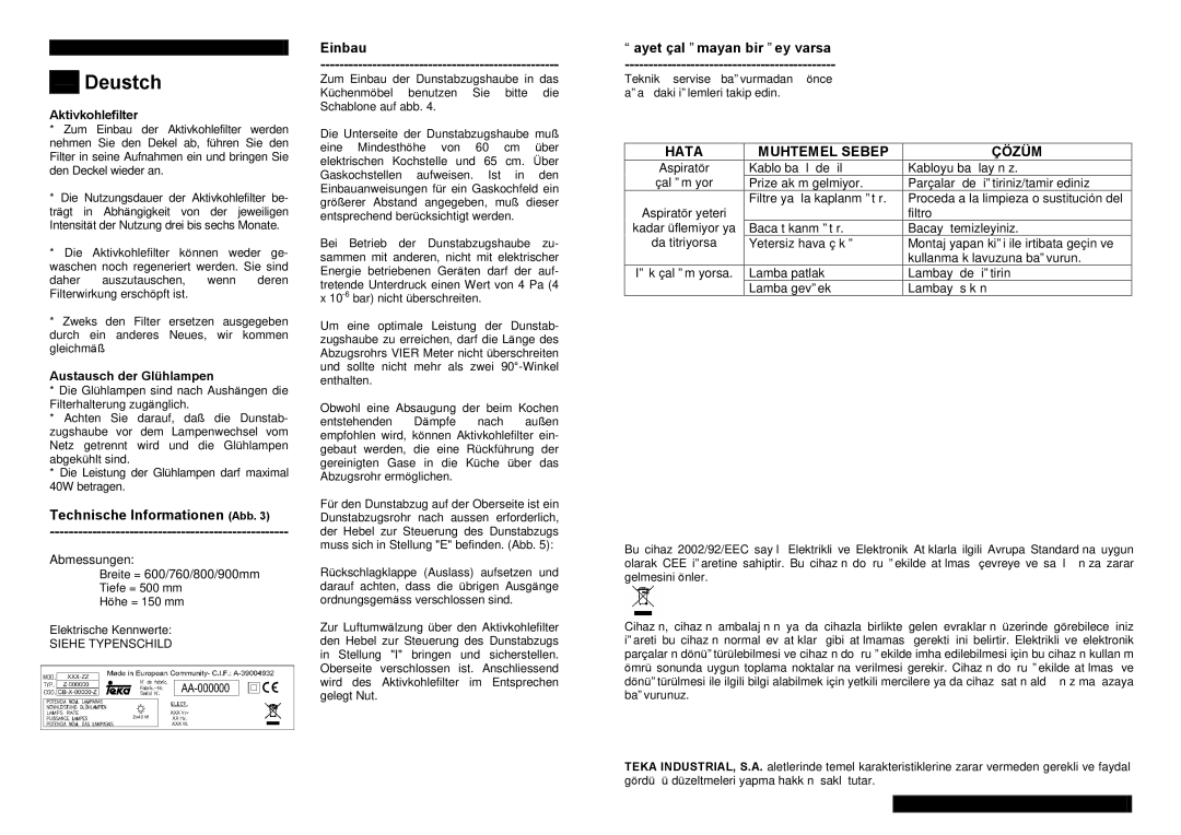 Teka C-710, C-920, C-810 Technische Informationen Abb Einbau, ªayet çalýºmayan bir ºey varsa, Hata Muhtemel Sebep, Çözüm 