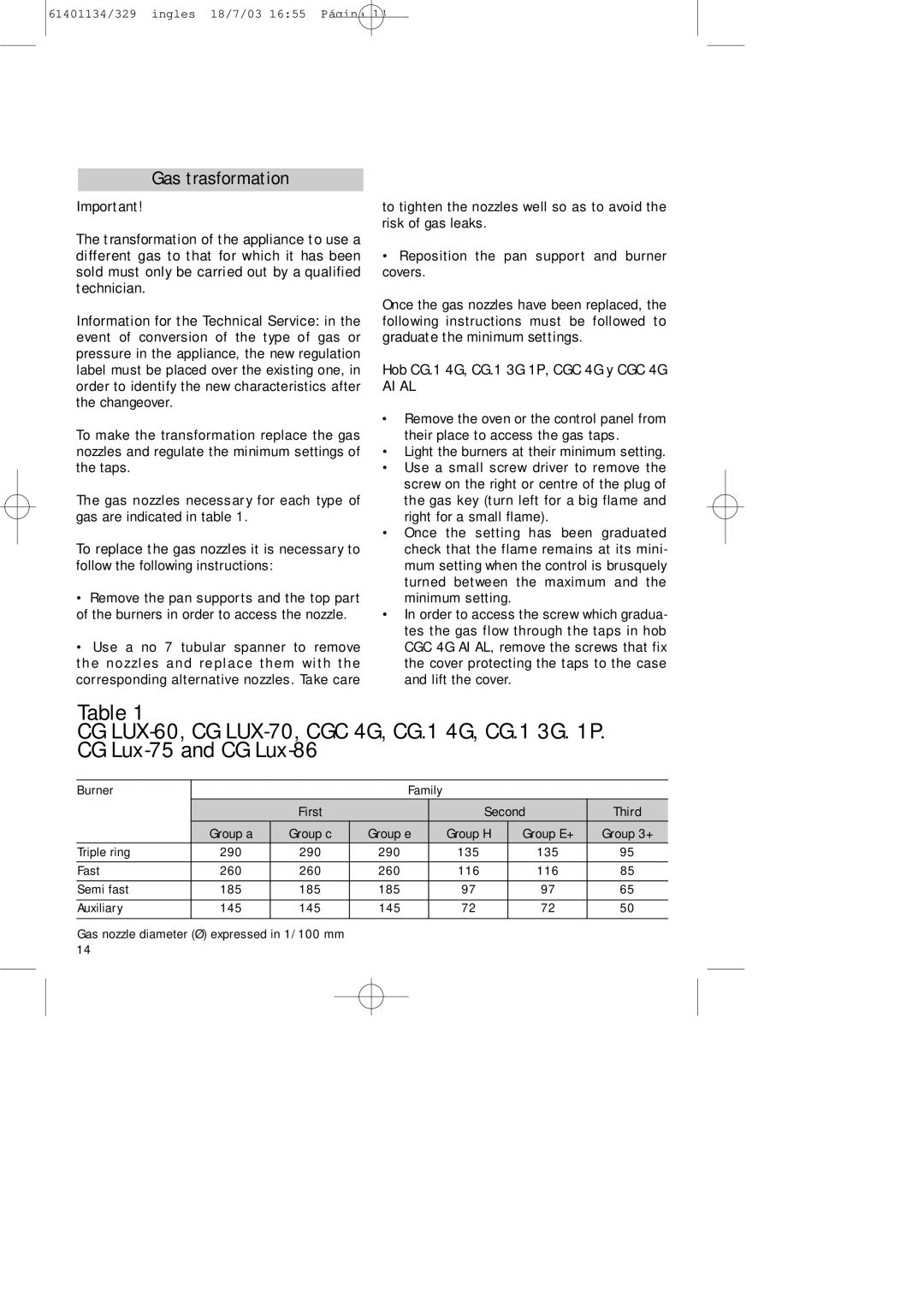 Teka CG Lux-60 4G. Al AL, CG Lux-70 5G. Al AL manual Gas trasformation 