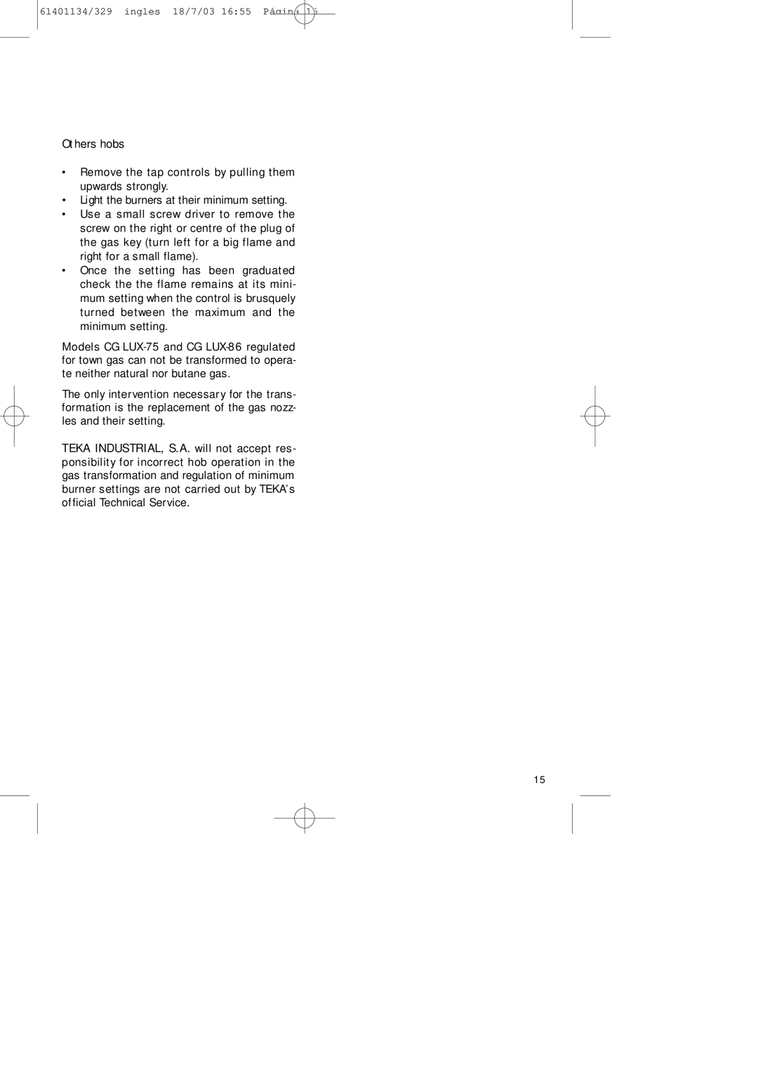 Teka CG Lux-60 4G. Al AL, CG Lux-70 5G. Al AL manual 61401134/329 ingles 18/7/03 1655 Página 