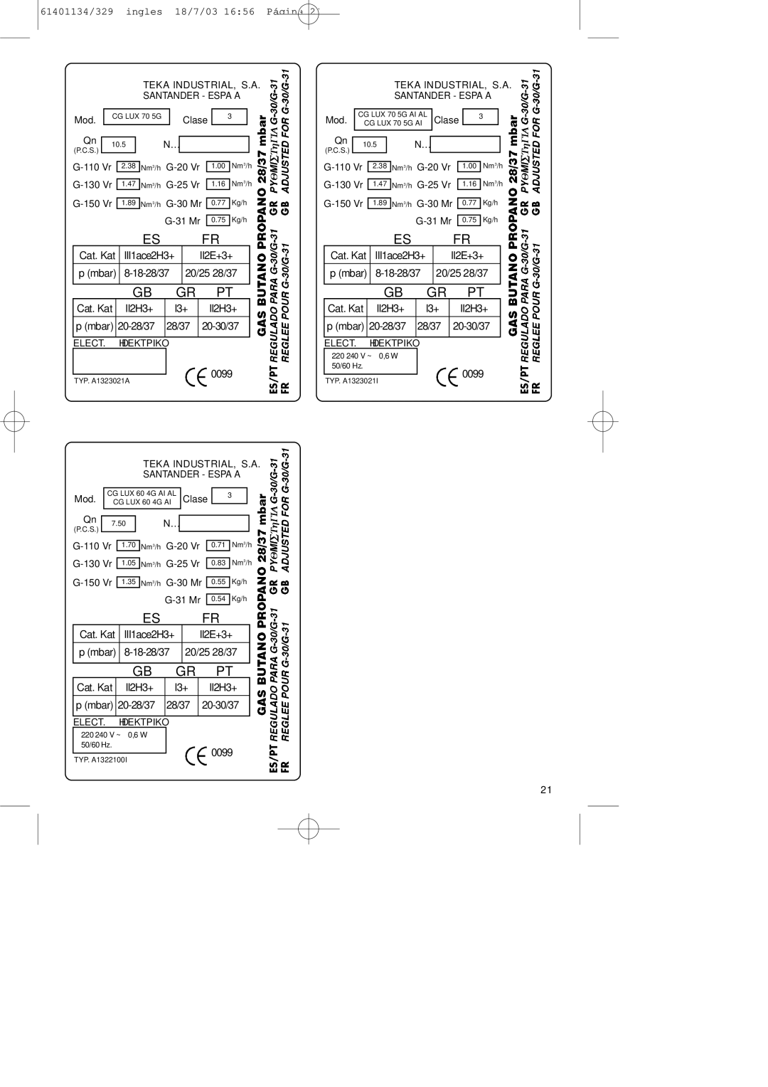 Teka CG Lux-60 4G. Al AL, CG Lux-70 5G. Al AL manual Teka INDUSTRIAL, S.A. Santander España 