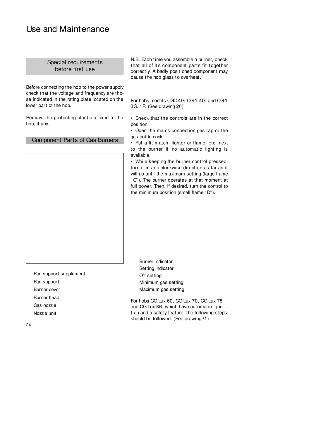 Teka CG Lux-60 4G. Al AL manual Use and Maintenance, Special requirements Before first use, Component Parts of Gas Burners 