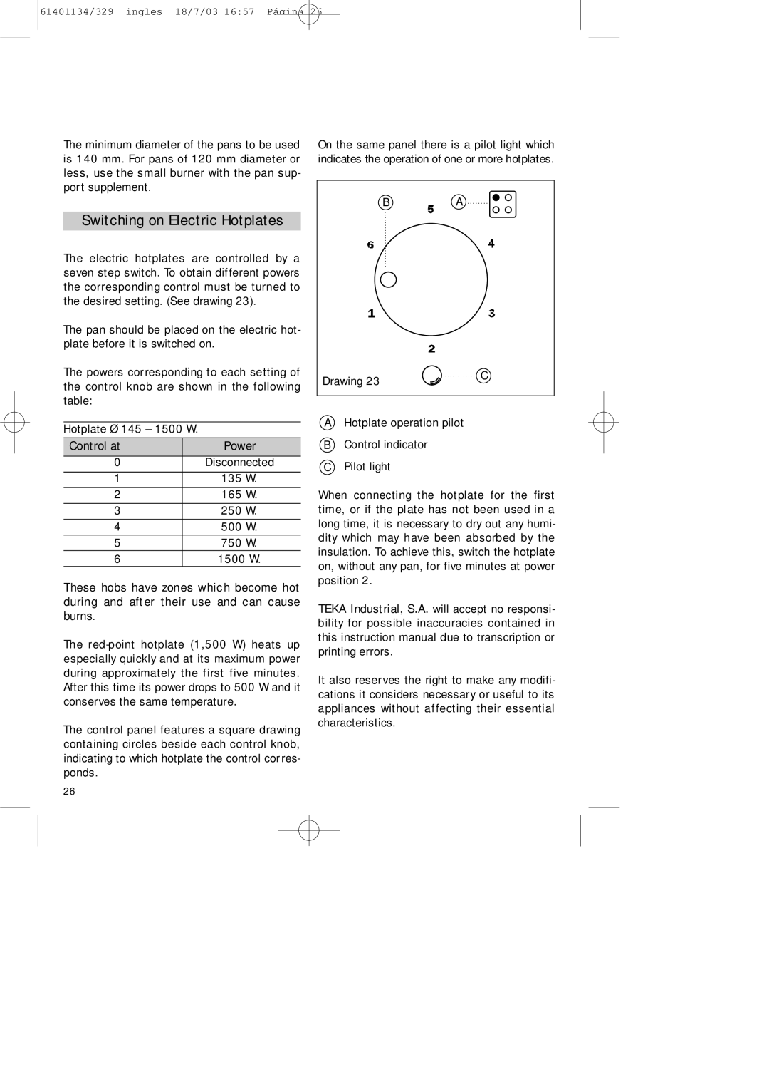 Teka CG Lux-60 4G. Al AL, CG Lux-70 5G. Al AL manual Switching on Electric Hotplates 