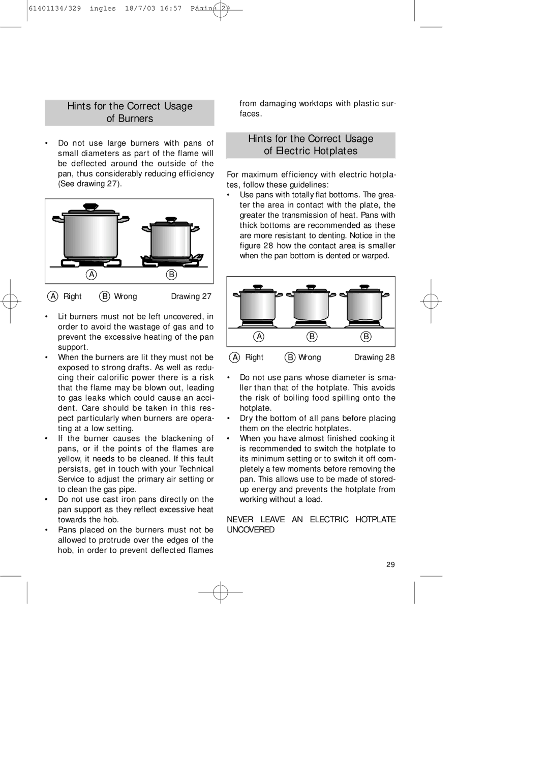 Teka CG Lux-70 5G. manual Hints for the Correct Usage Burners, Hints for the Correct Usage Electric Hotplates 