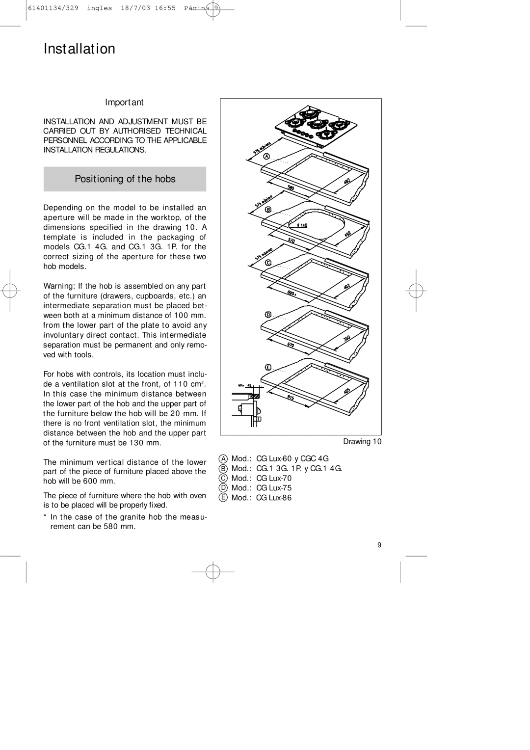 Teka CG Lux-60 4G. Al AL, CG Lux-70 5G. Al AL manual Installation, Positioning of the hobs 