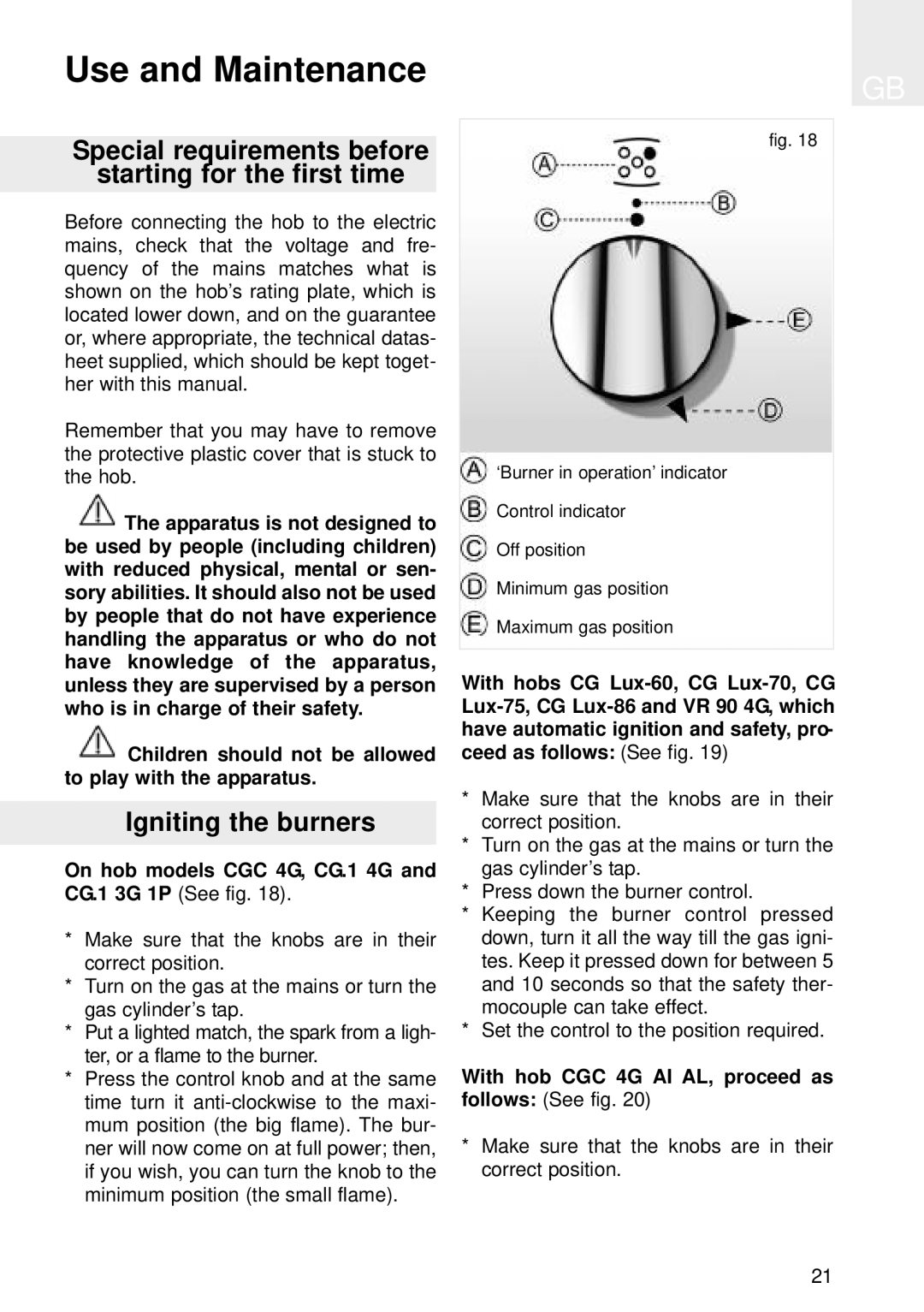 Teka CG Lux-86 3G AI TR AL CG Lux-60 4G AI Use and Maintenance, Special requirements before Starting for the first time 