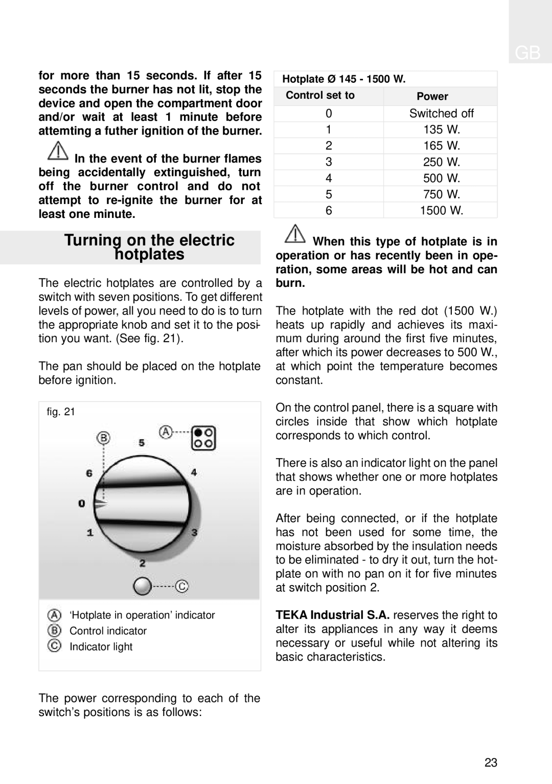 Teka CG Lux-86 3G AI TR AL CG Lux-60 4G AI, CG Lux-70 5G AI CG Lux-70 5G AI TR manual Turning on the electric Hotplates 