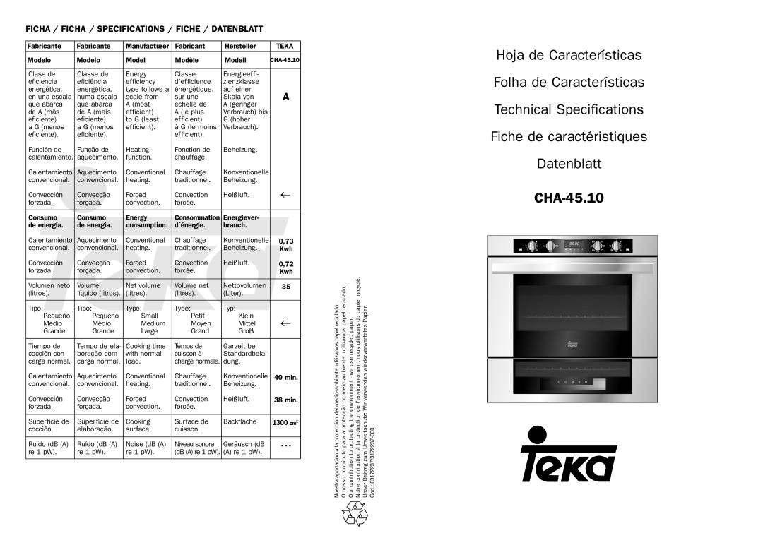 Teka cha-45.10 manual Ficha / Ficha / Specifications / Fiche / Datenblatt, Teka 