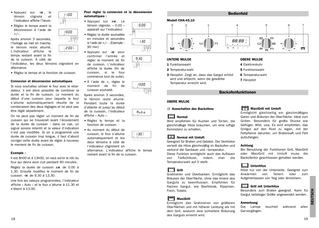 Teka cha-45.10 manual Bedienfeld, Backofenfunktionen, Deutsch, Untere Mulde Obere Mulde 