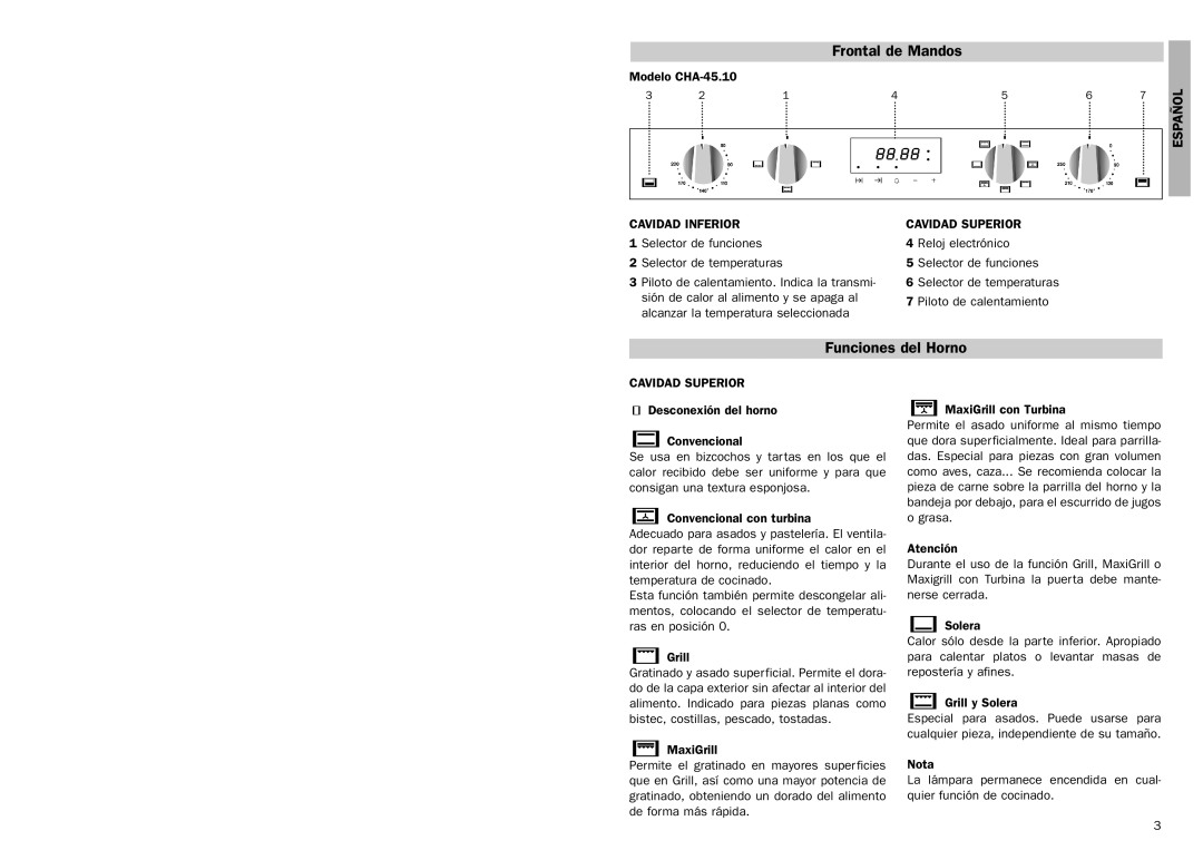 Teka cha-45.10 manual Frontal de Mandos, Funciones del Horno, Español, Cavidad Inferior Cavidad Superior 