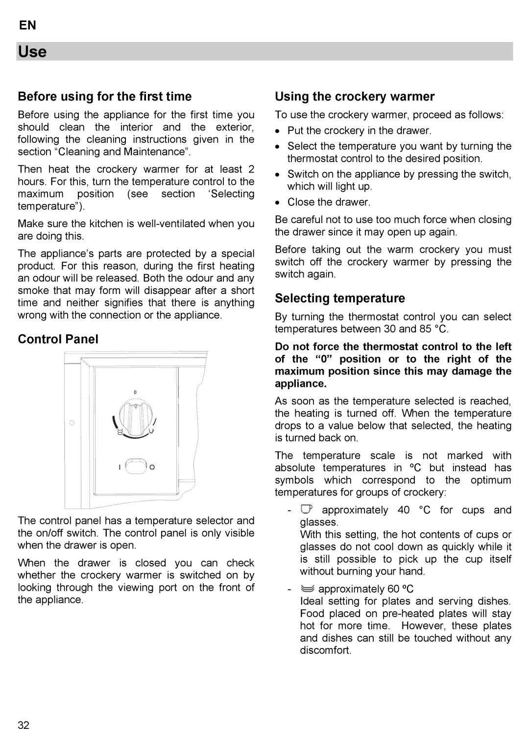 Teka CPX15/CP 15/CP 21/CP 29 manual Use, Before using for the first time, Control Panel, Using the crockery warmer 