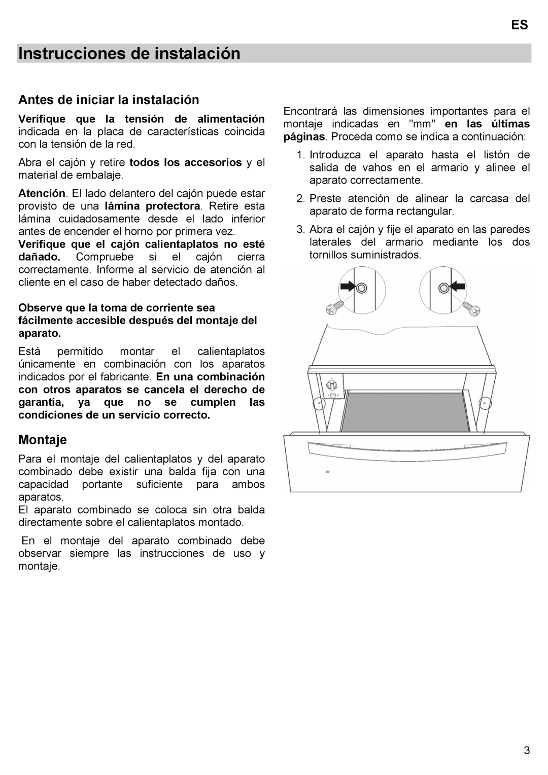 Teka CPX15/CP 15/CP 21/CP 29 manual Instrucciones de instalación, Antes de iniciar la instalación, Montaje 