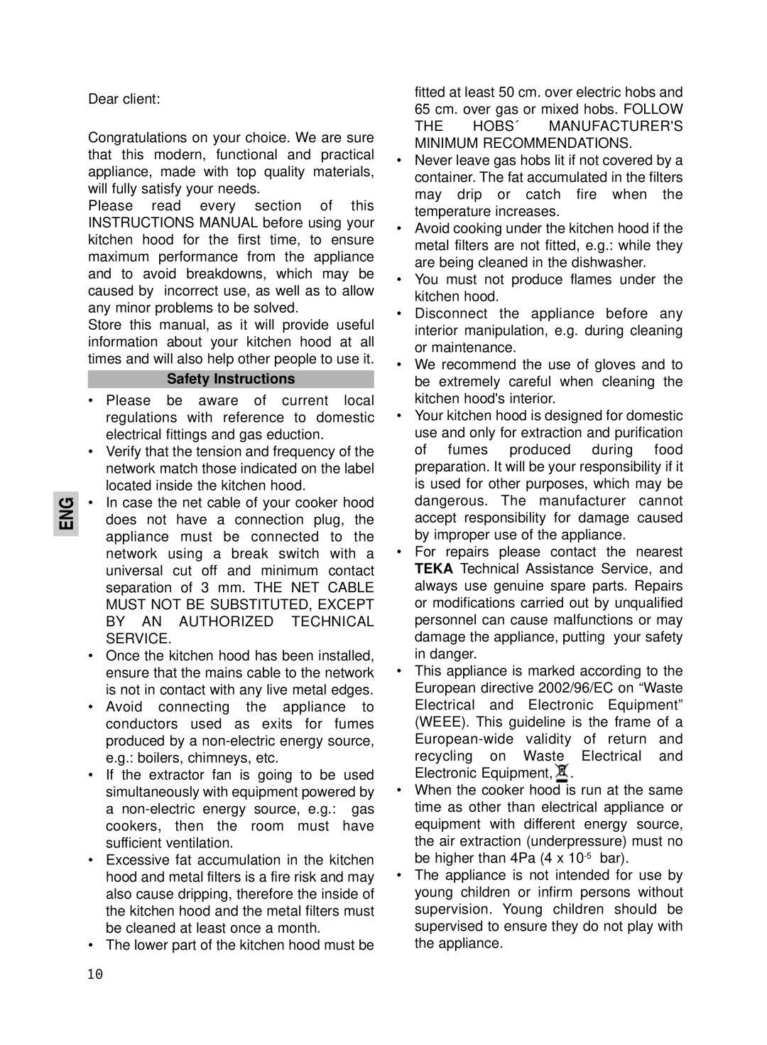 Teka DBE-60, DBE-90 manual Eng, Safety Instructions 