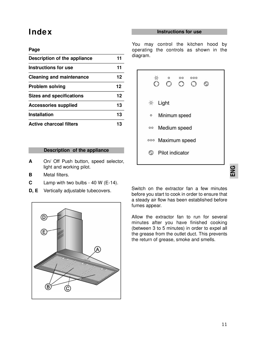 Teka DBE-90, DBE-60 manual Index, Description of the appliance 