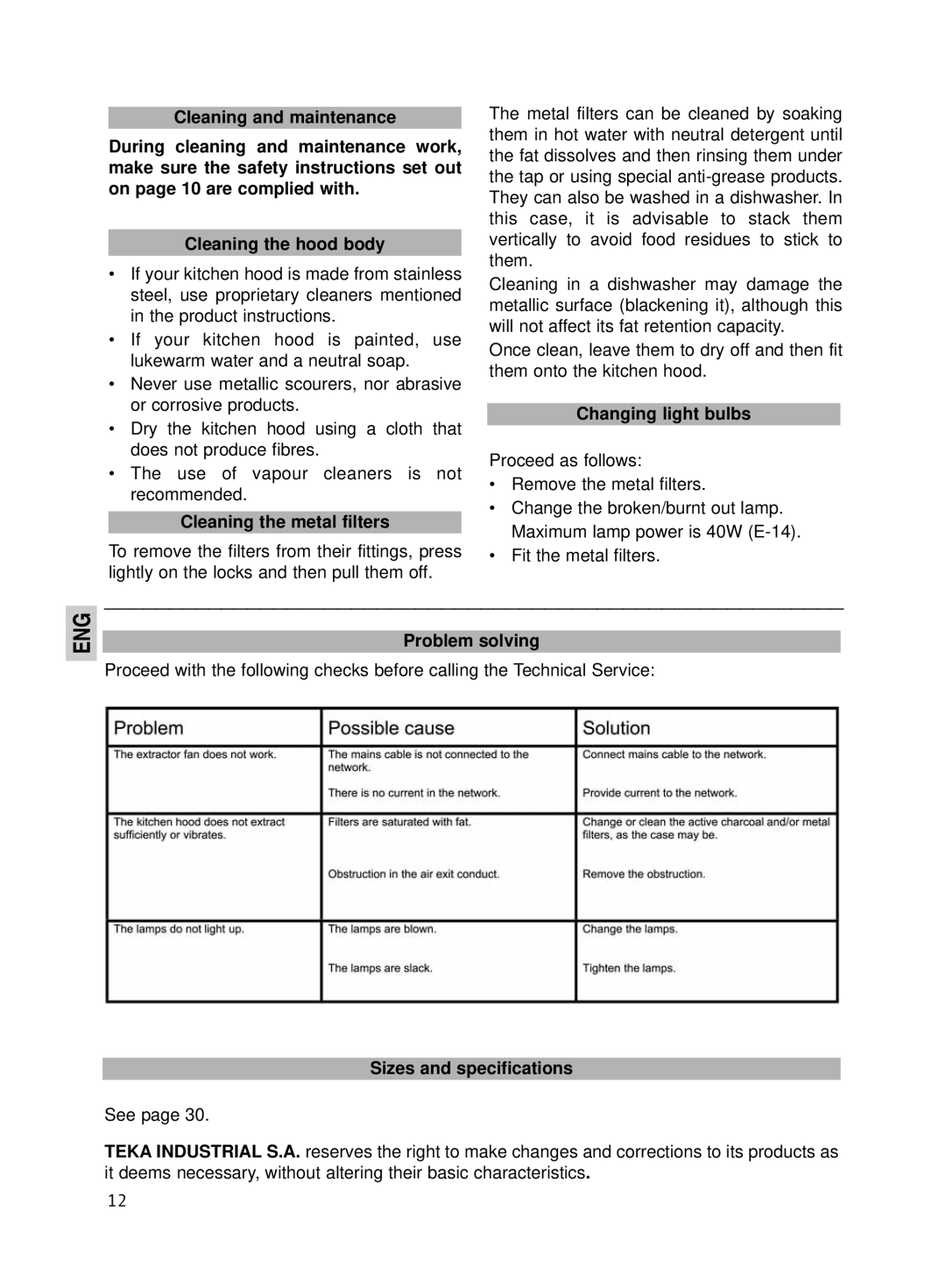 Teka DBE-60, DBE-90 manual Cleaning the metal filters, Changing light bulbs 