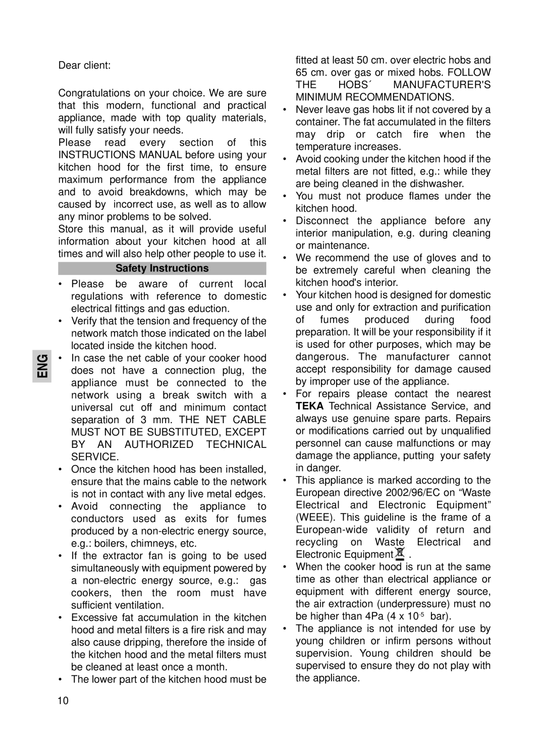 Teka DG-70, DG-60, DG-90 Vr. 01 manual Eng, Safety Instructions 