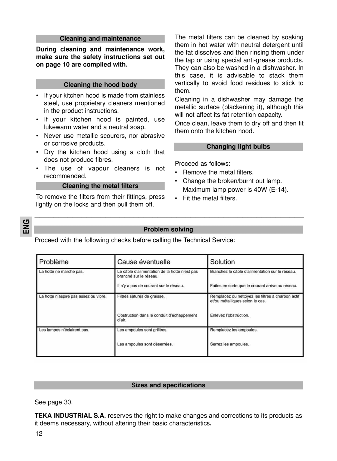 Teka DG-90 Vr. 01, DG-60, DG-70 manual Cleaning the metal filters, Changing light bulbs 