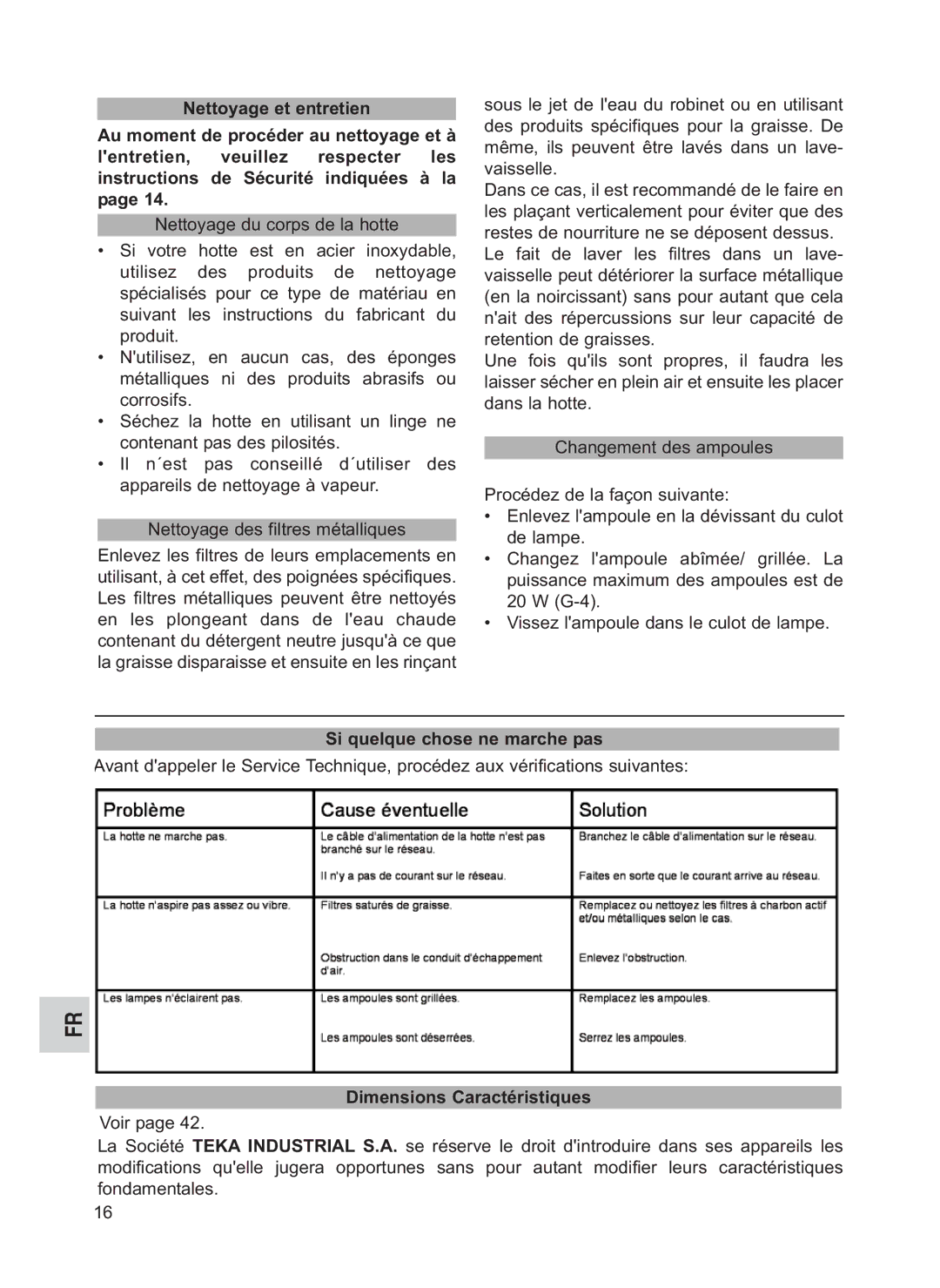 Teka DHX T ISLA manual Si quelque chose ne marche pas, Dimensions Caractéristiques 