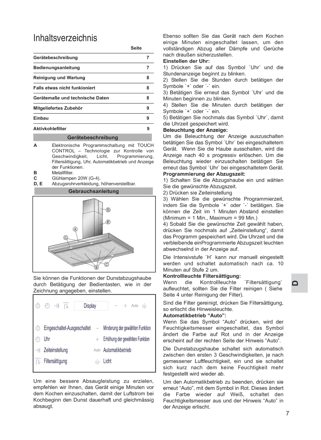 Teka DHX T ISLA manual Gerätebeschreibung, Gebrauchsanleitung, Einstellen der Uhr, Programmierung der Abzugszeit 