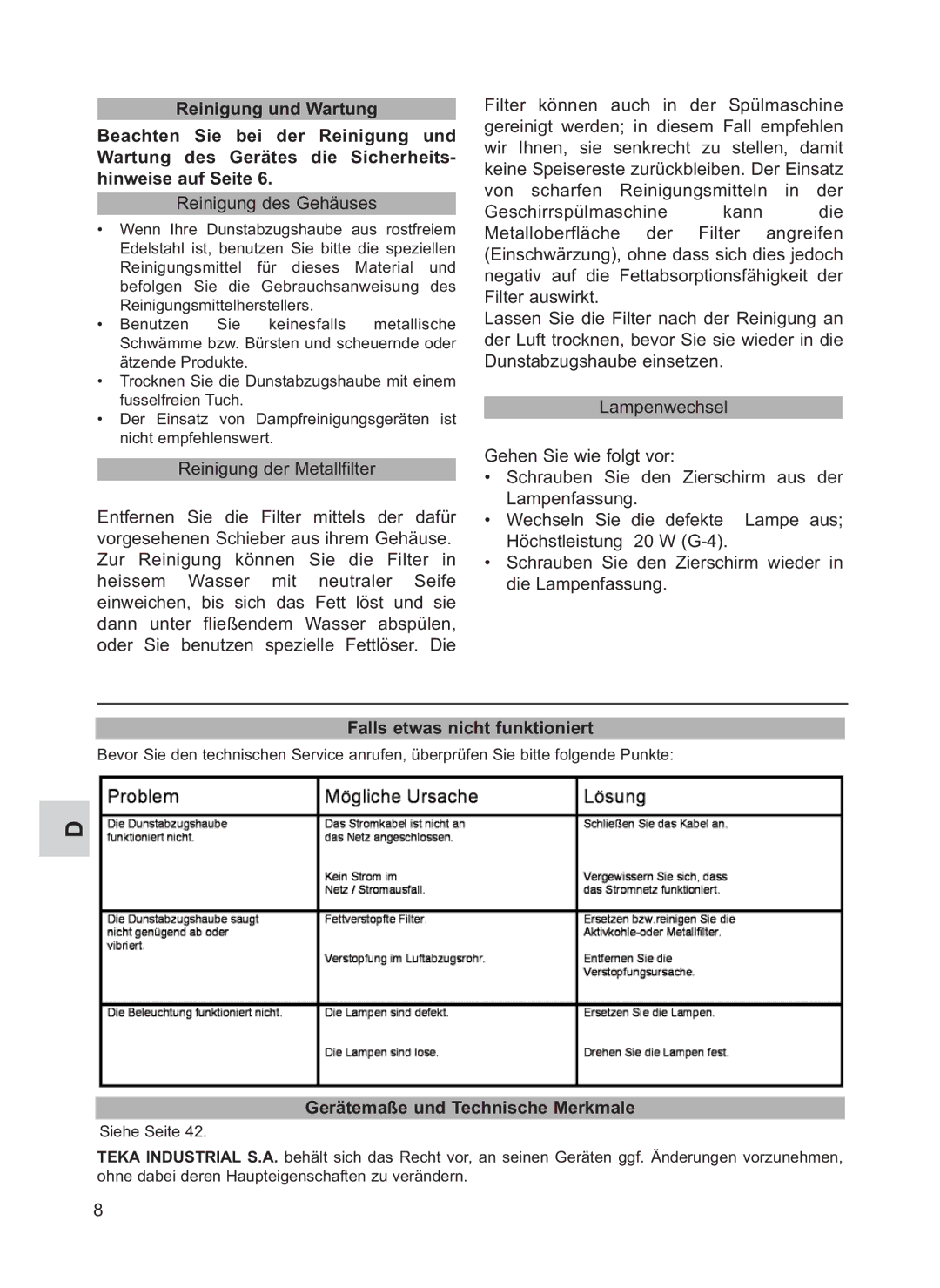 Teka DHX T ISLA manual Reinigung des Gehäuses, Falls etwas nicht funktioniert, Gerätemaße und Technische Merkmale 