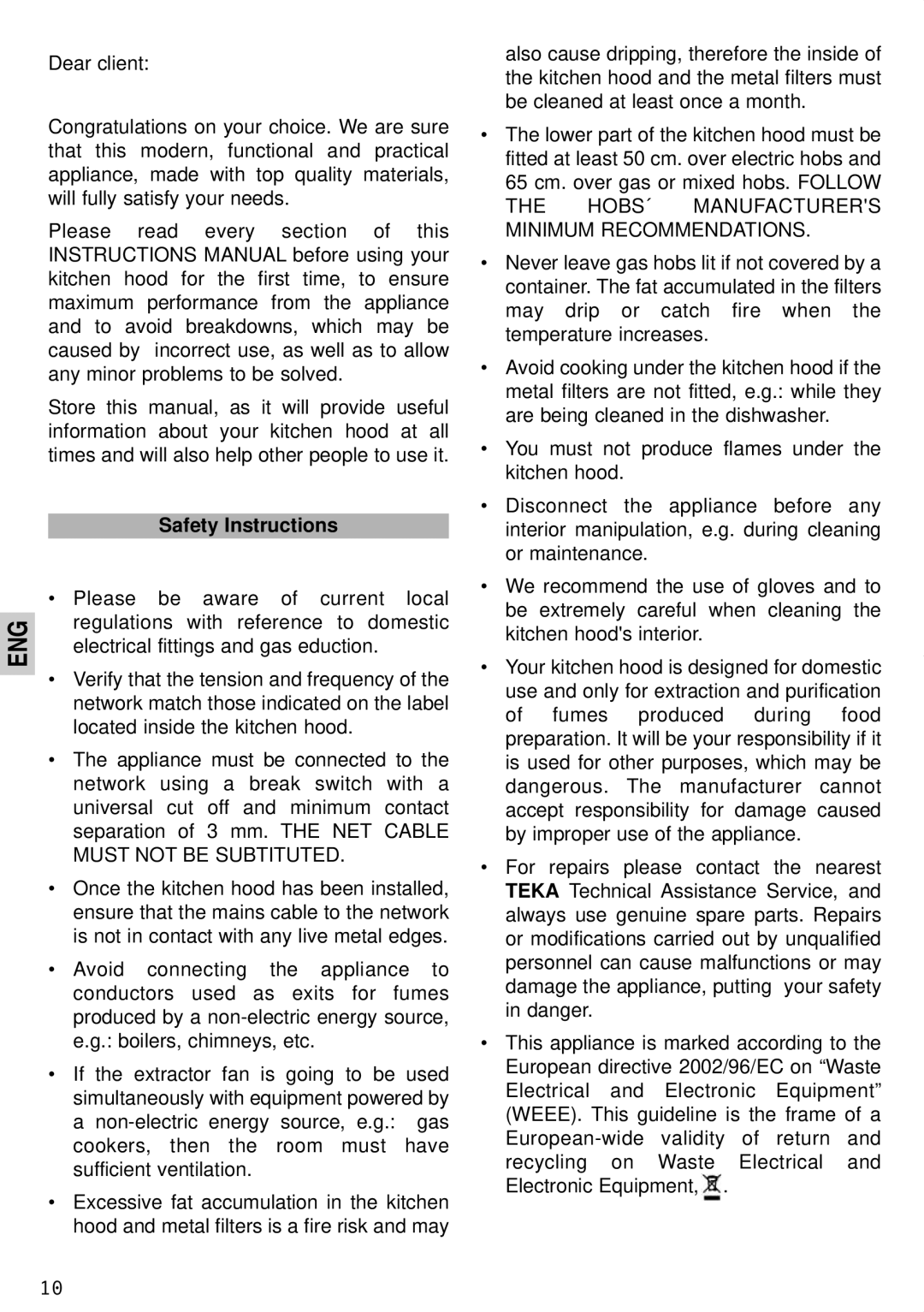 Teka DS ISLA Vr.03 manual Safety Instructions, Eng 