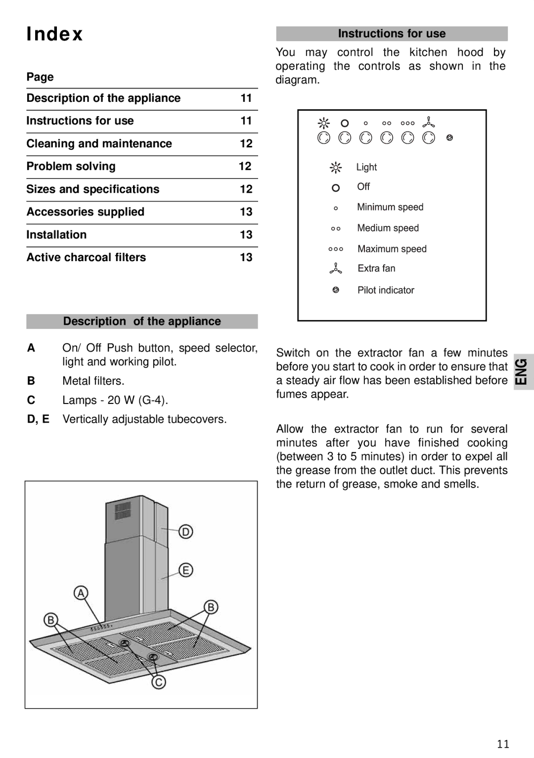 Teka DS ISLA Vr.03 manual Index, Description of the appliance 