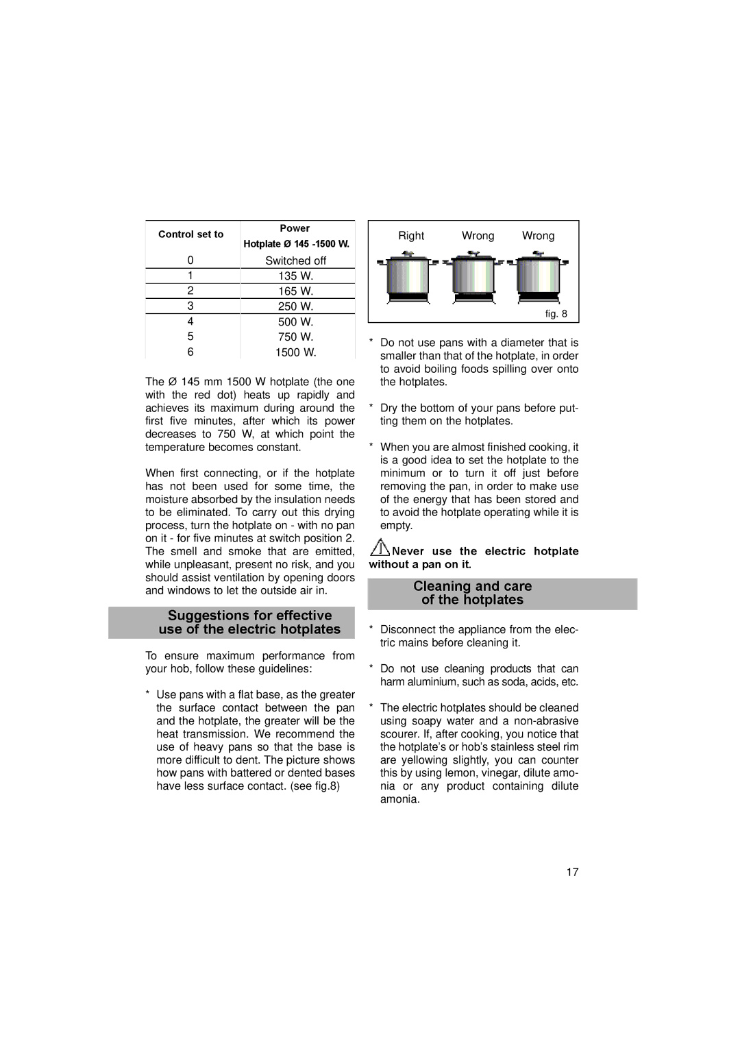 Teka EM/60 4G AI TR manual Suggestions for effective use of the electric hotplates, Cleaning and care Hotplates 