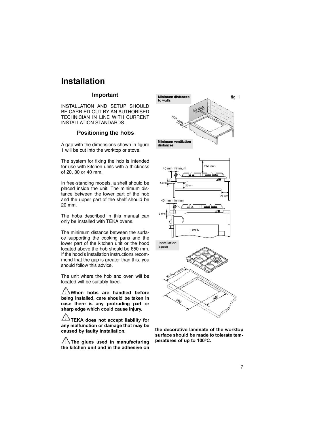 Teka EM/60 3G 1P AI TR TV (FUND), EM/60 3G 1P AI AL TR TV, EM/60 3G 1P AI TR (FUND) manual Installation, Positioning the hobs 