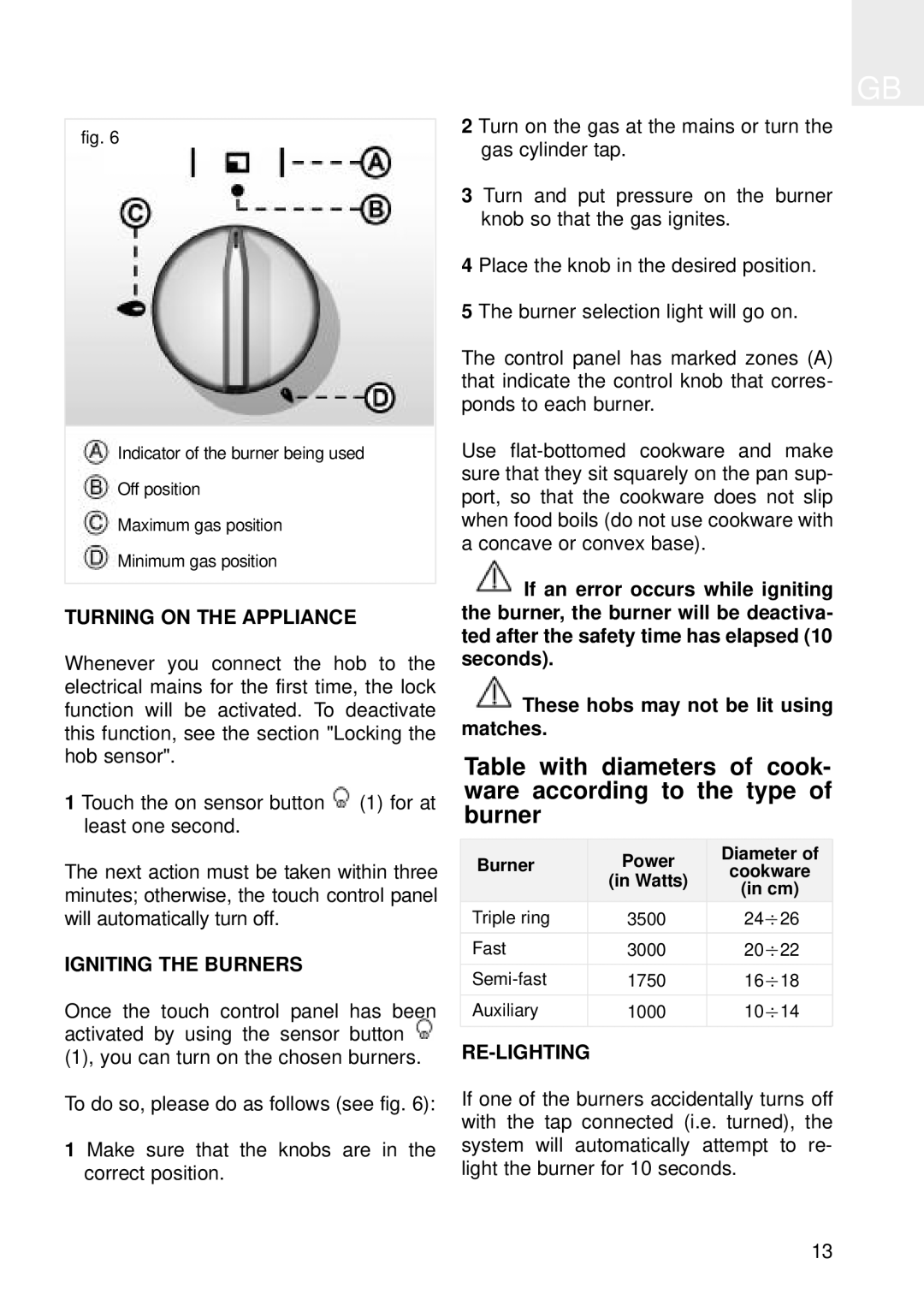 Teka Gas Hobs CGX 60 4G IS manual Turning on the Appliance, Igniting the Burners, Re-Lighting 