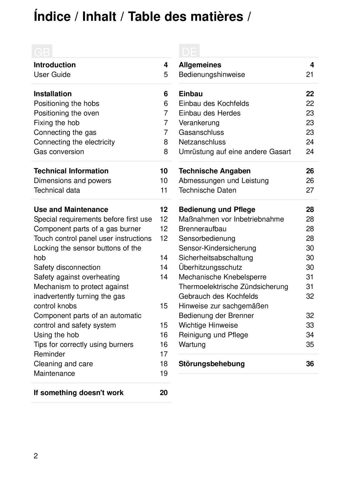 Teka Gas Hobs CGX 60 4G IS manual Índice / Inhalt / Table des matières 