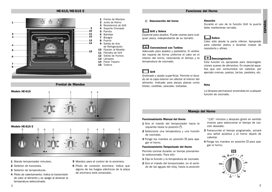 Teka manual HE-615/HE-615 E Funciones del Horno, Frontal de Mandos, Manejo del Horno, Modelo HE-615 