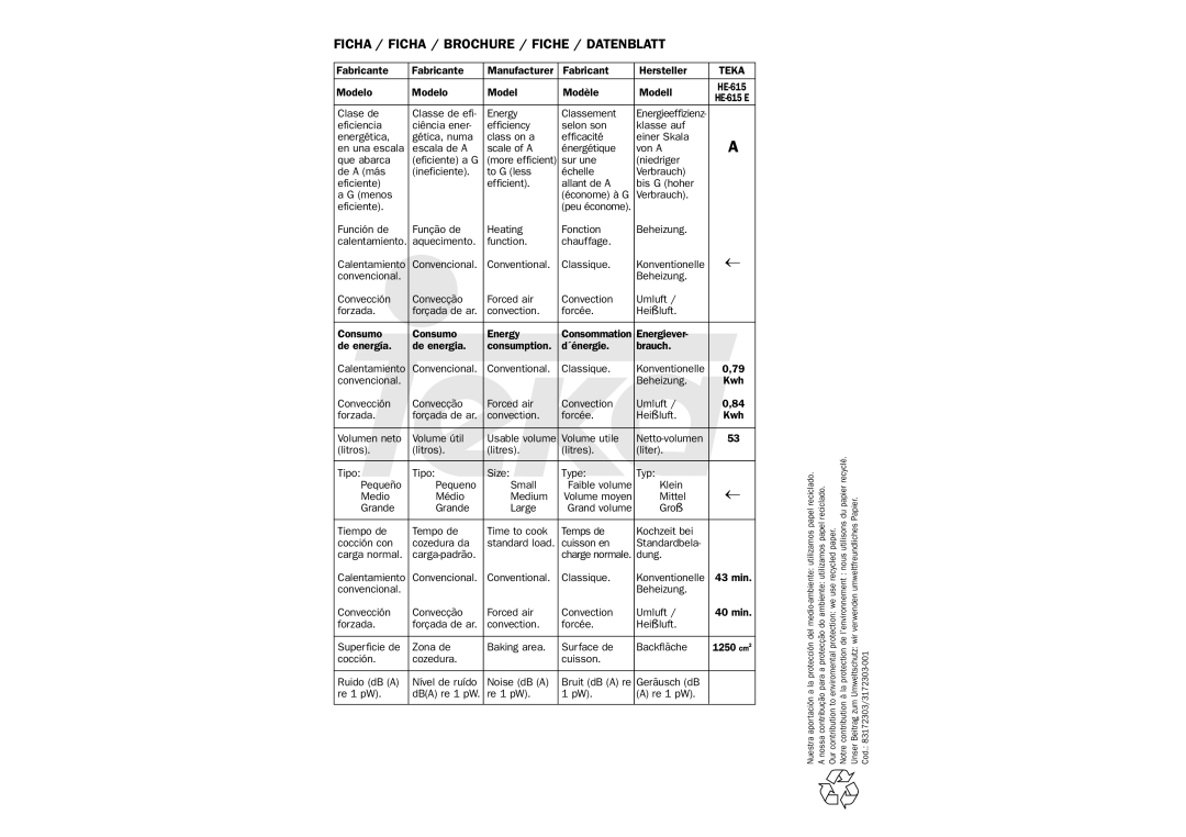 Teka HE-615 E manual Ficha / Ficha / Brochure / Fiche / Datenblatt 