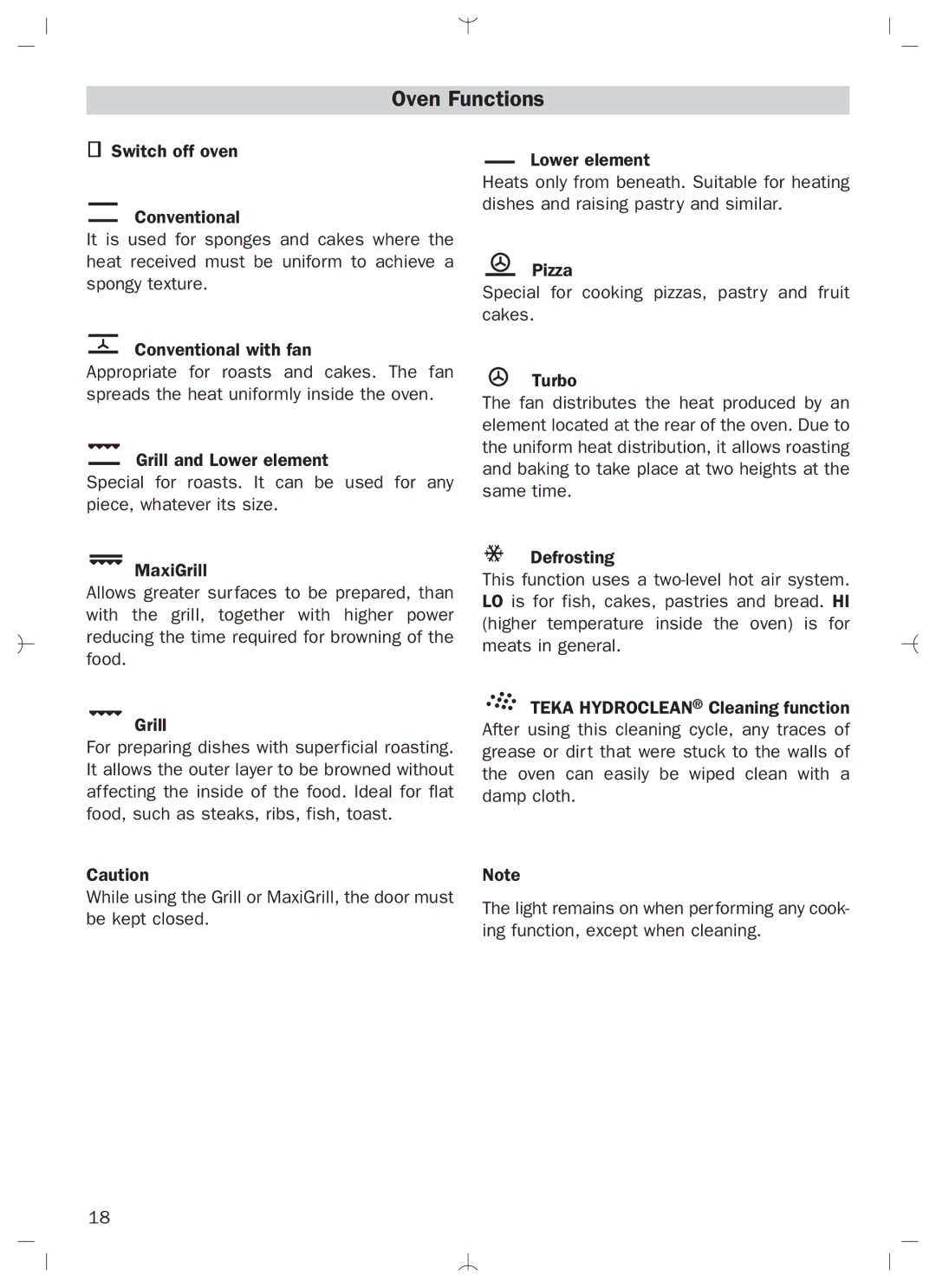 Teka HL-840 HL-850 manual Oven Functions 