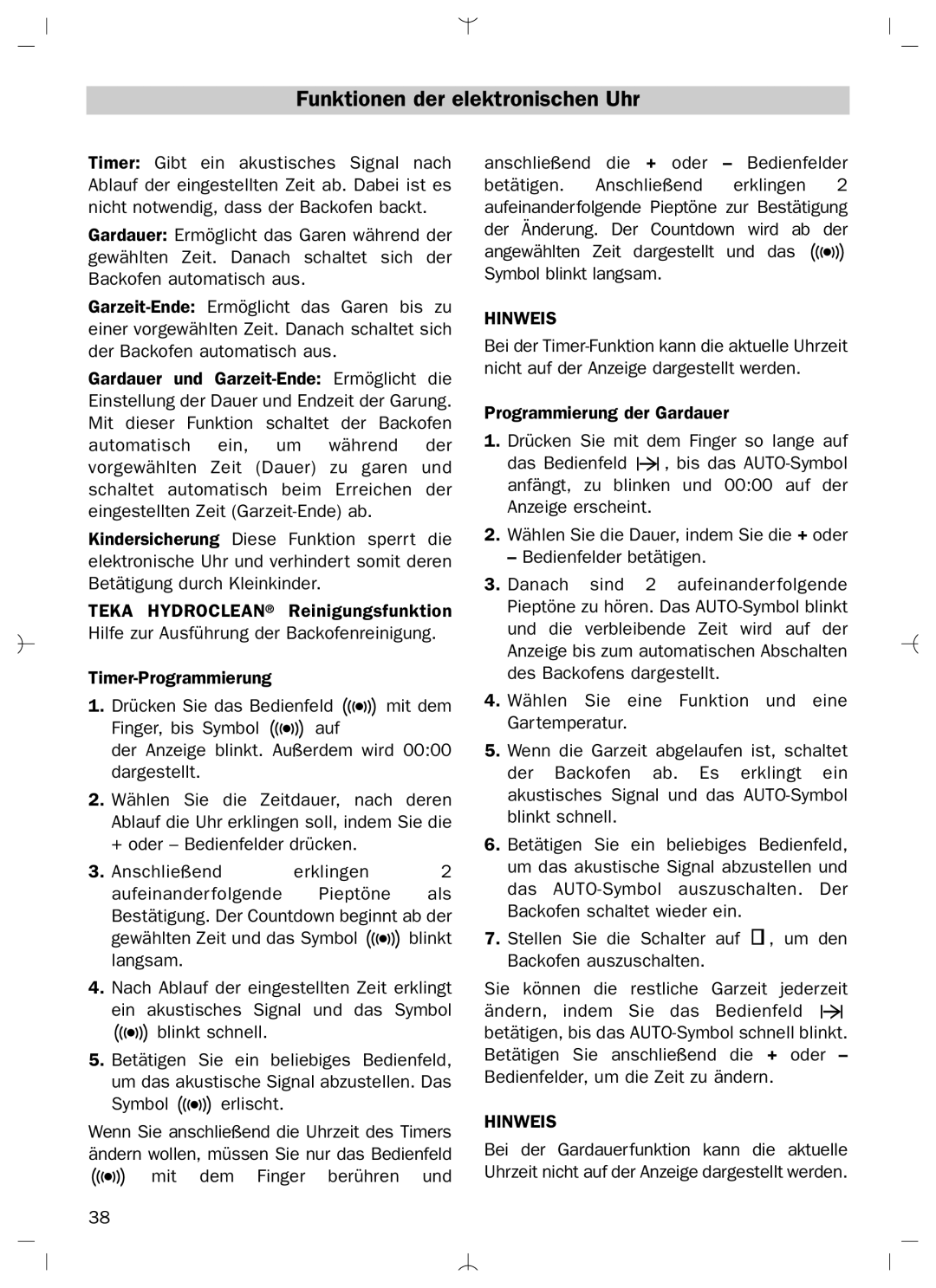 Teka HL-840 manual Funktionen der elektronischen Uhr 