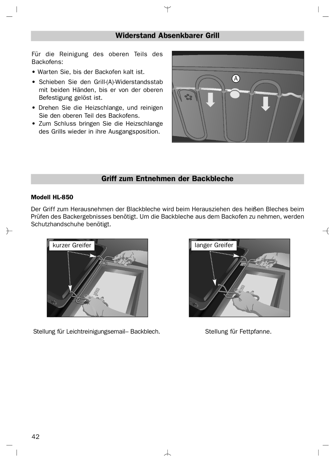 Teka HL-840 manual Widerstand Absenkbarer Grill, Griff zum Entnehmen der Backbleche 