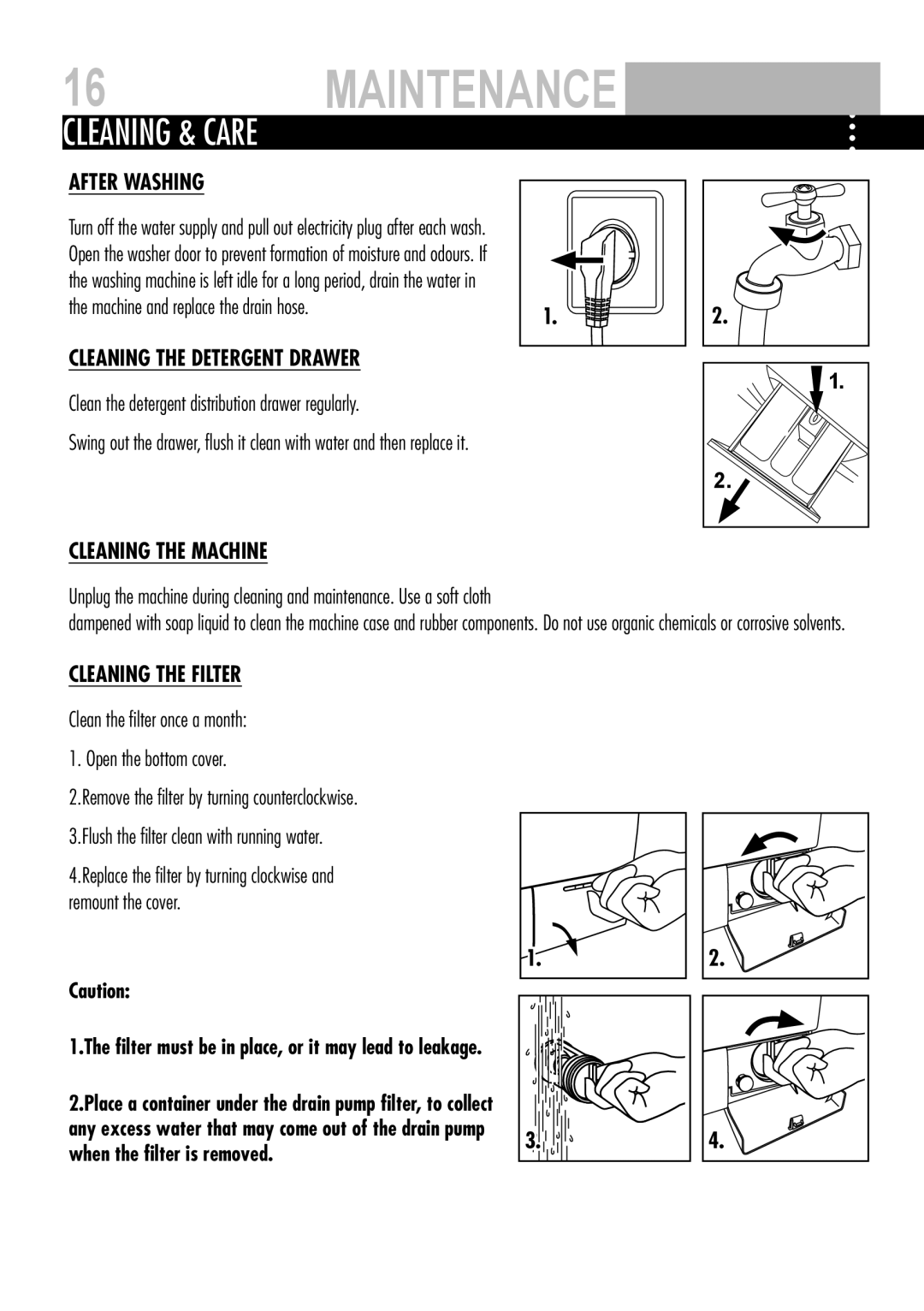 Teka HW70-1401S Maintenance, Cleaning & care, Cleaning the detergent drawer, Cleaning the machine, Cleaning the filter 