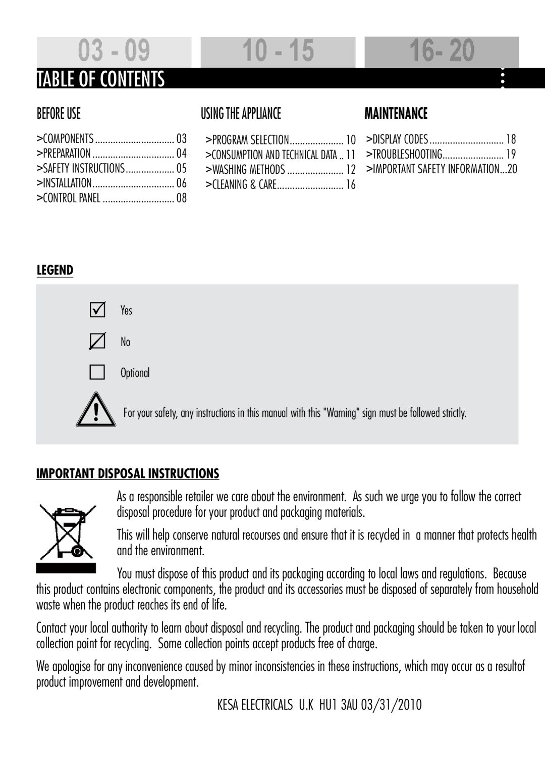 Teka HW70-1401S, HW80-1401, HW70-1201S, HW70-1001, HW80-1201B manual 03 09 10 15 16, Table of contents 