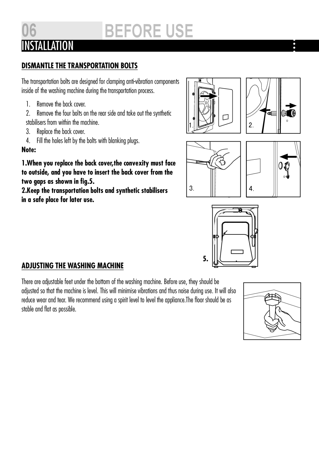 Teka HW80-1201, HW80-1401 Installation, Dismantle the Transportation bolts, Remove the back cover, Replace the back cover 