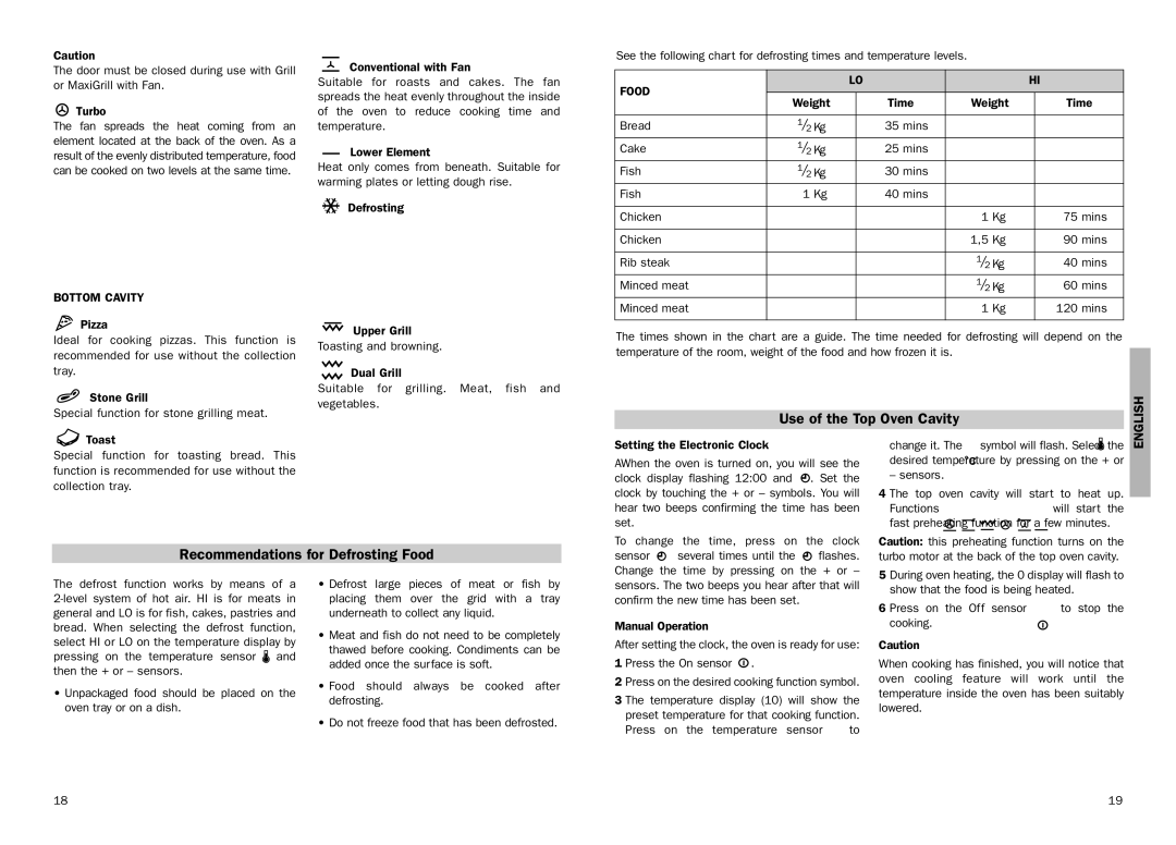 Teka HX-45.15 manual Use of the Top Oven Cavity, Recommendations for Defrosting Food, English, Bottom Cavity 