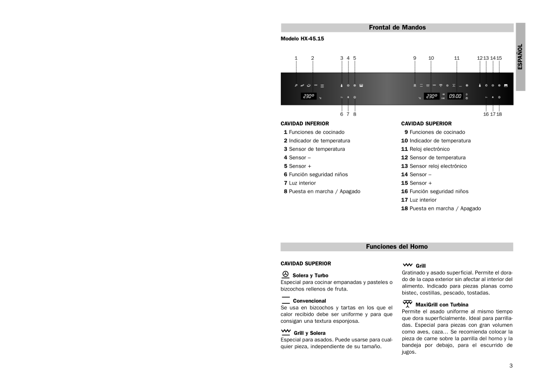 Teka HX-45.15 manual Frontal de Mandos, Funciones del Horno, Español, Cavidad Inferior Cavidad Superior 