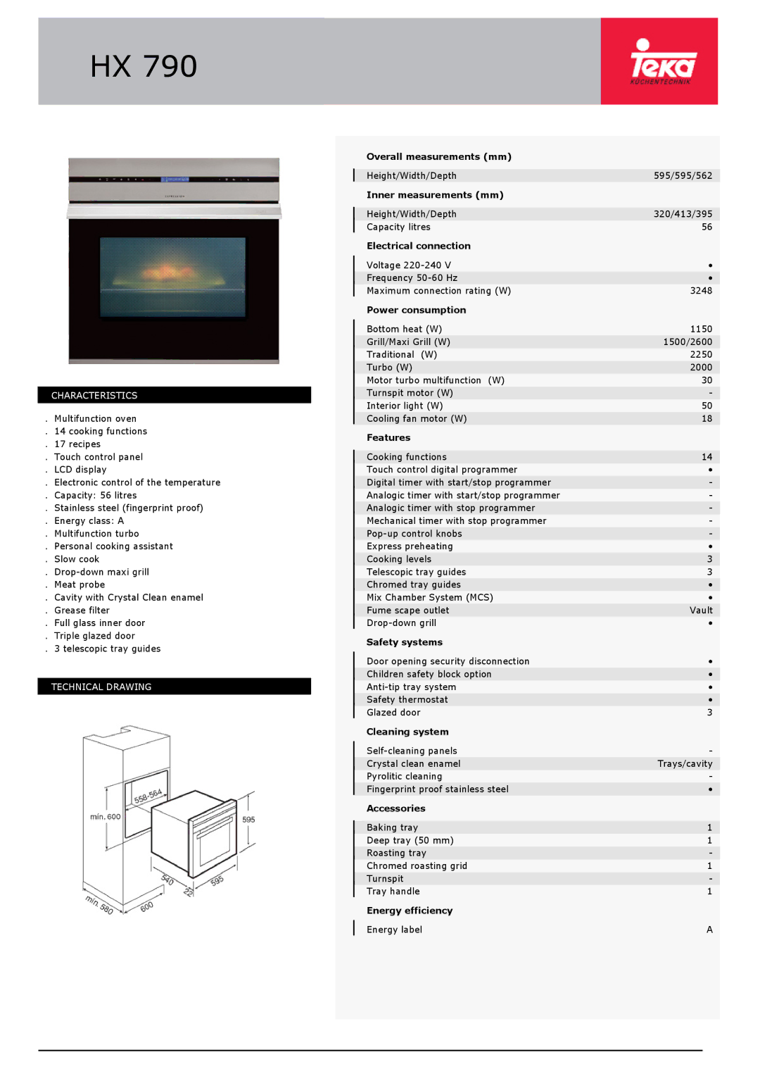 Teka HX 790 manual Overall measurements mm, Inner measurements mm, Electrical connection, Power consumption, Features 