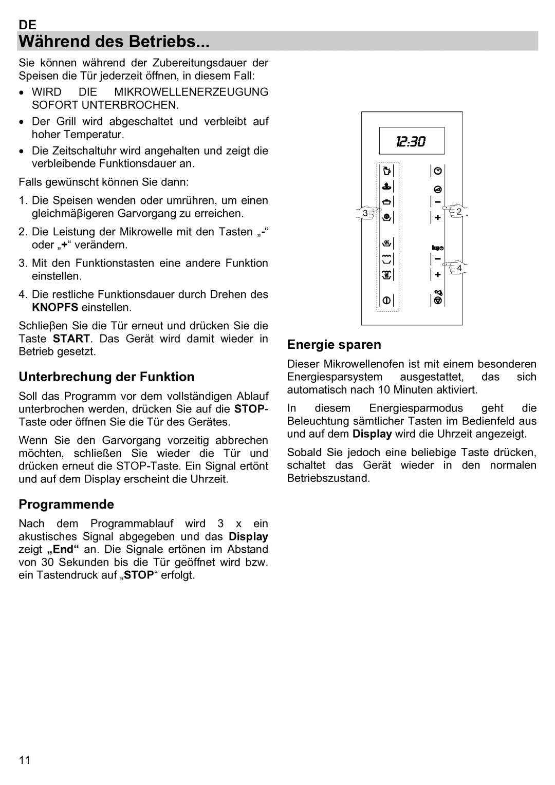 Teka ieka MWL 20 BIT manual Während des Betriebs, Unterbrechung der Funktion, Programmende, Energie sparen 