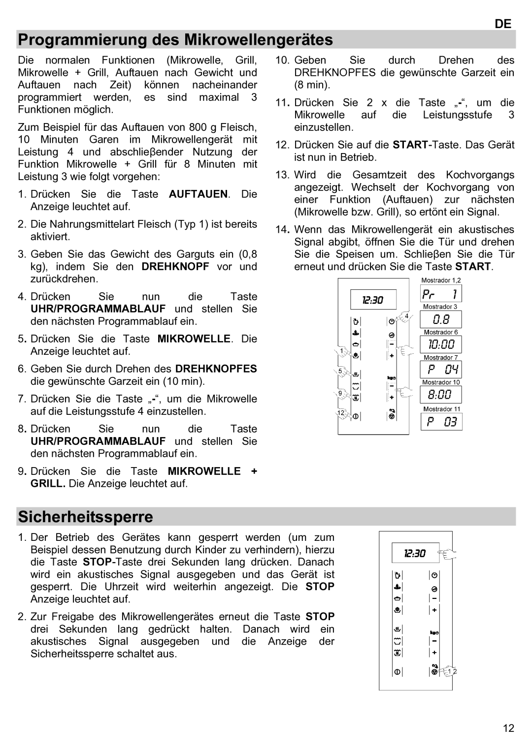 Teka ieka MWL 20 BIT manual Programmierung des Mikrowellengerätes, Sicherheitssperre 