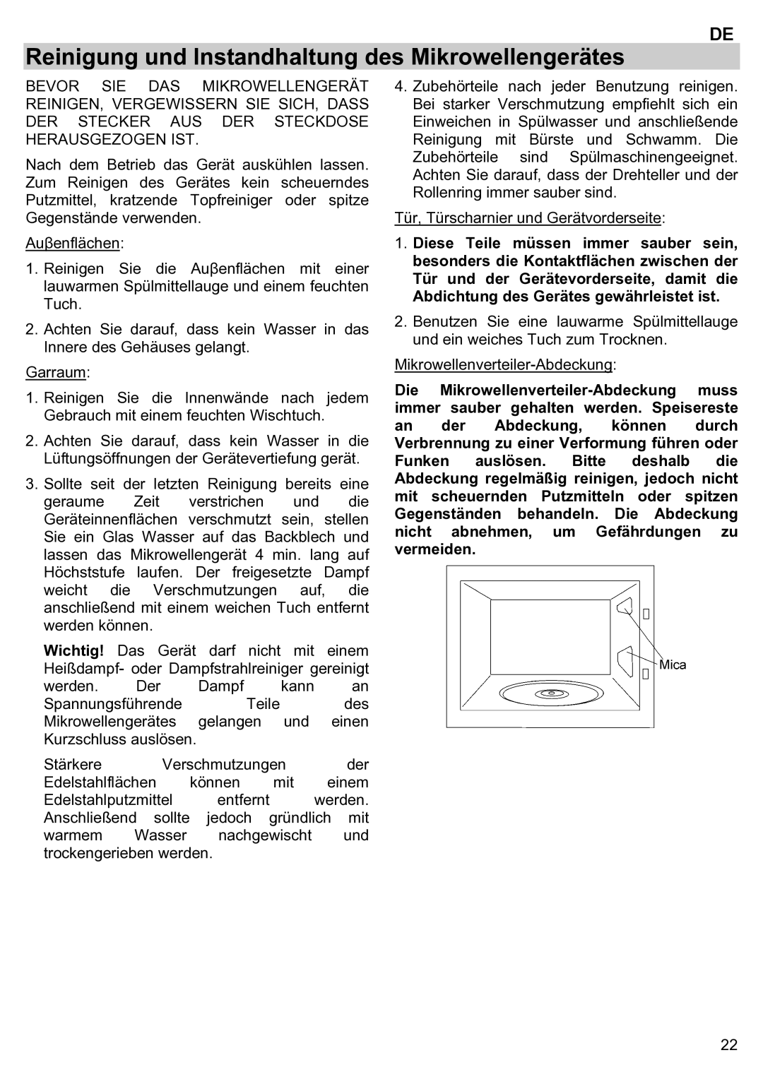 Teka ieka MWL 20 BIT manual Reinigung und Instandhaltung des Mikrowellengerätes 