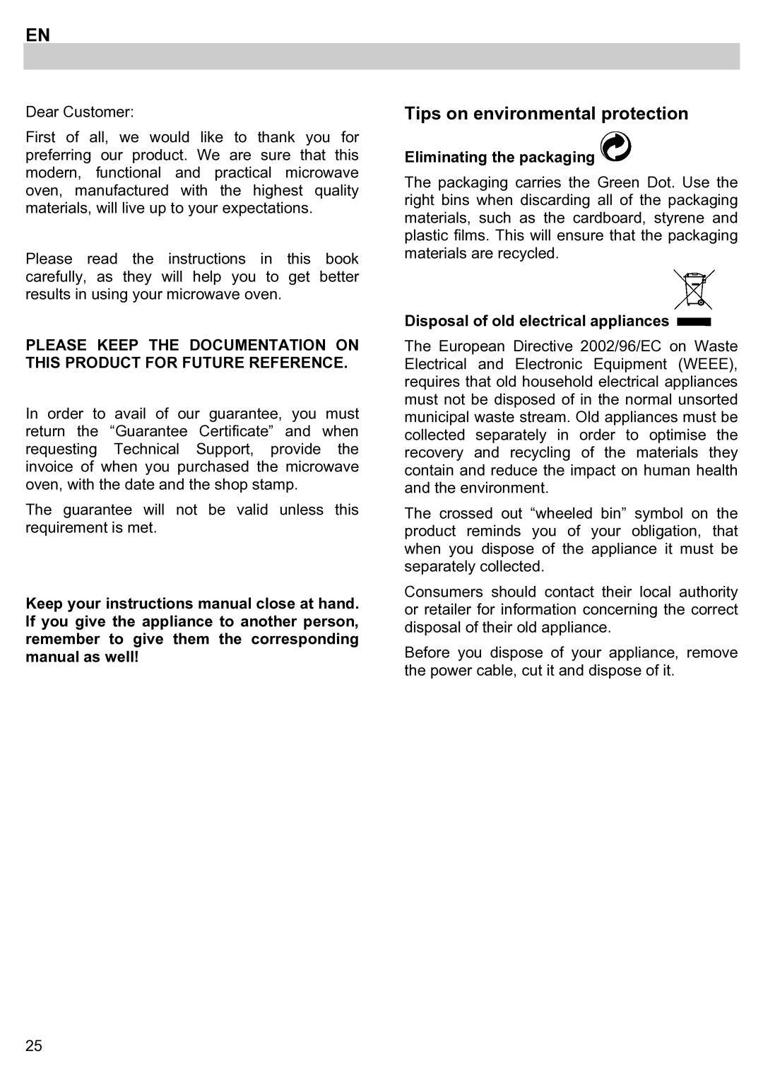 Teka ieka MWL 20 BIT Tips on environmental protection, Eliminating the packaging, Disposal of old electrical appliances 