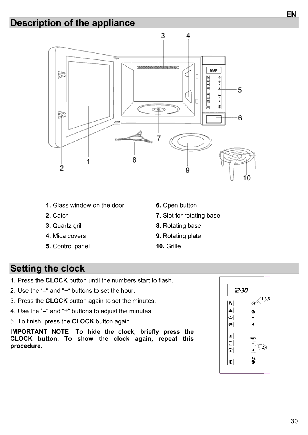 Teka ieka MWL 20 BIT manual Description of the appliance, Setting the clock 