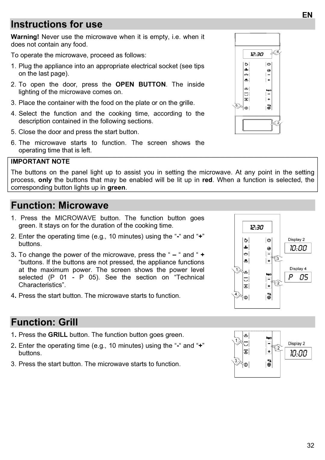 Teka ieka MWL 20 BIT manual Instructions for use, Function Microwave, Function Grill 